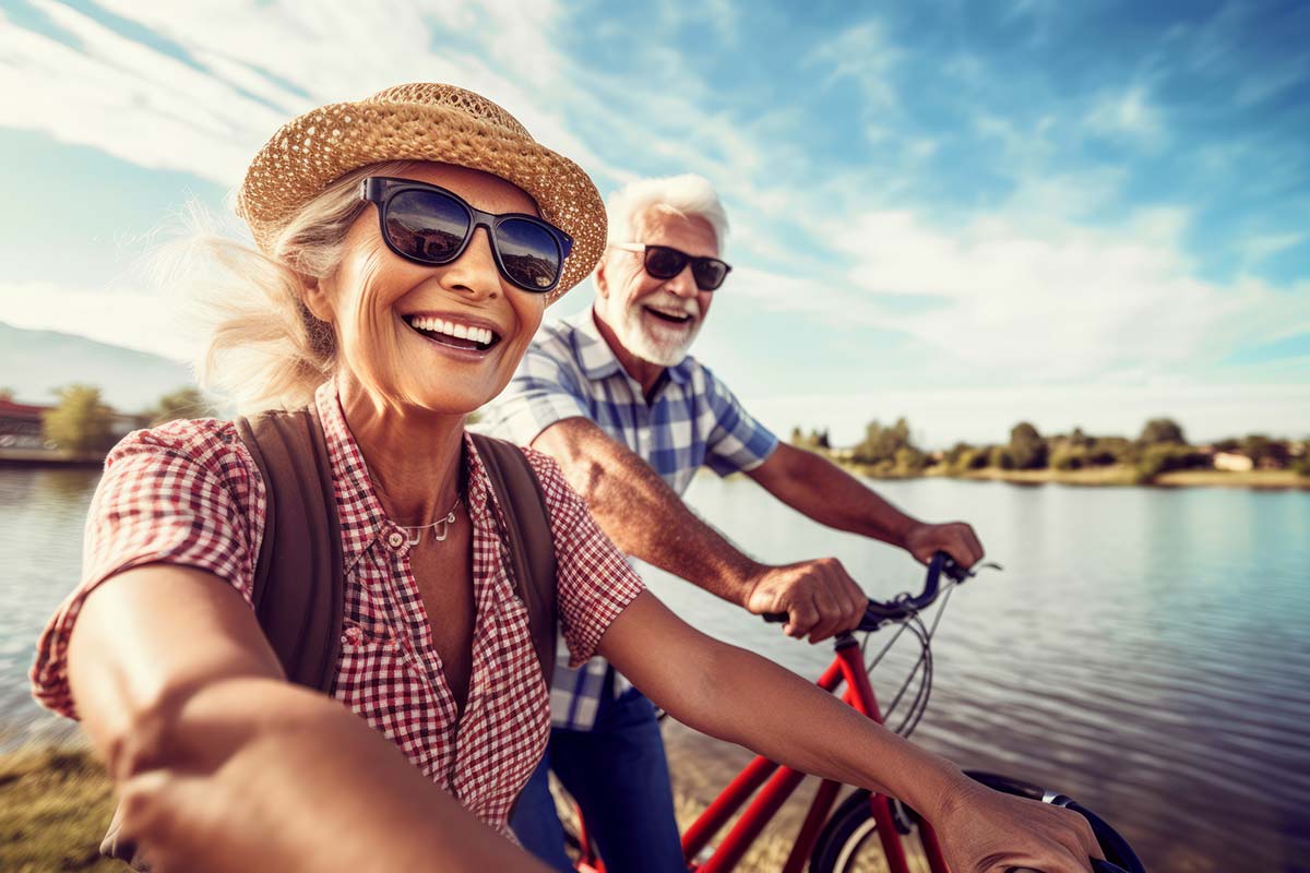Elderly couple finding joy and self-reflection during a serene bike ride around a lake
